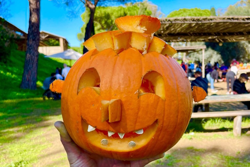 Mano che tiene una zucca di Halloween intagliata con volto sorridente e denti bianchi, con visitatori dell'evento sullo sfondo in un'area con gazebo e alberi